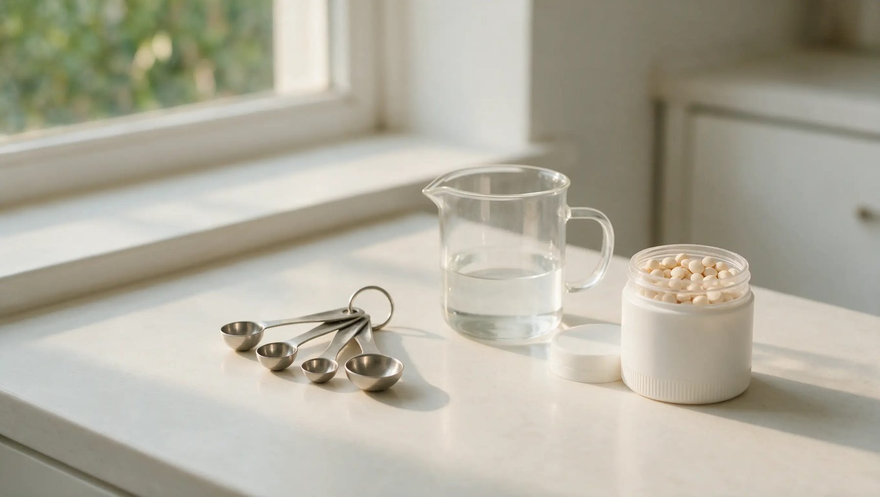 Studio kitchen with measuring spoons and open supplement jar